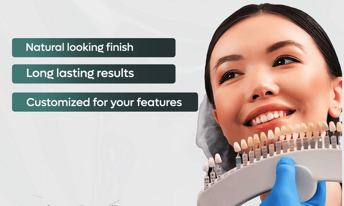 Smiling woman comparing tooth shades with dental color guide