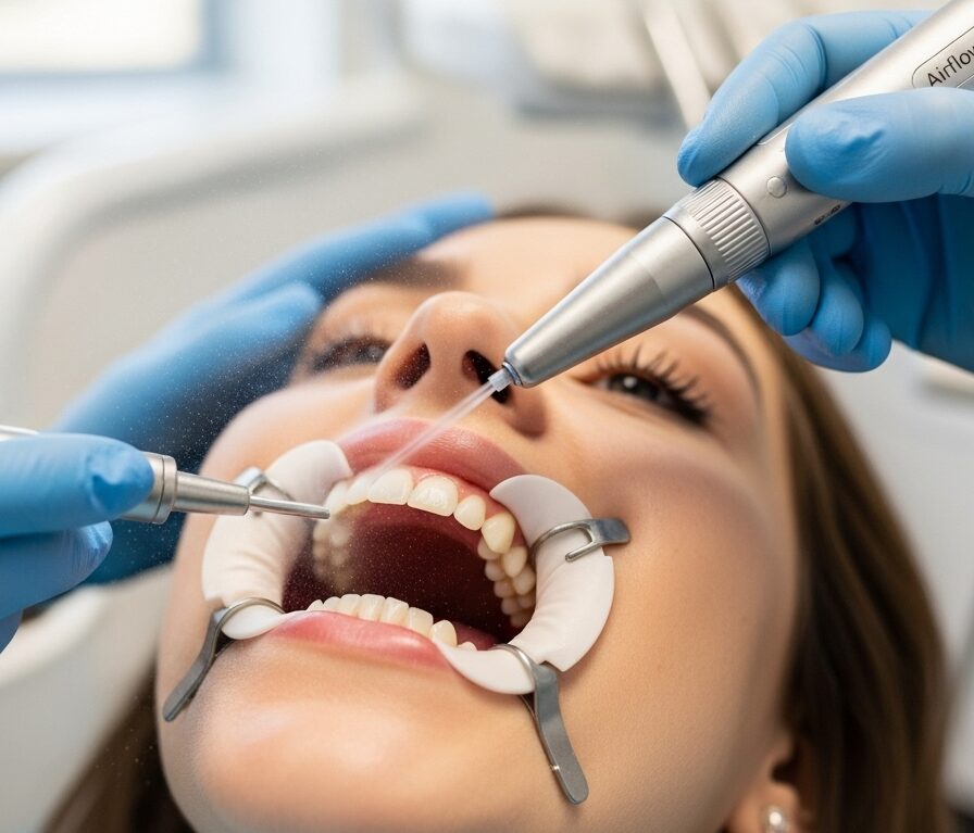 Dental hygienist performing Airflow GBT cleaning before cosmetic treatment.